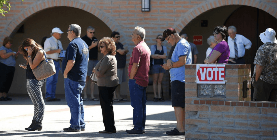 Constituents lining up to vote at a polling station