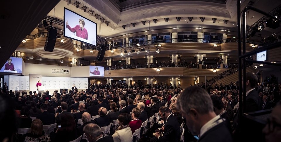 German Chancellor Angela Merkel addresses the audience at the 2019 Munich Security Conference.