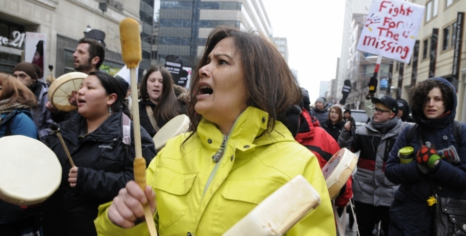 Women playing music during the 9th Annual Strawberry Ceremony to remember the missing and Murdered Indigenous Women February 14 ,2014 in Toronto,Canada. (arindambanerjee / Shutterstock)