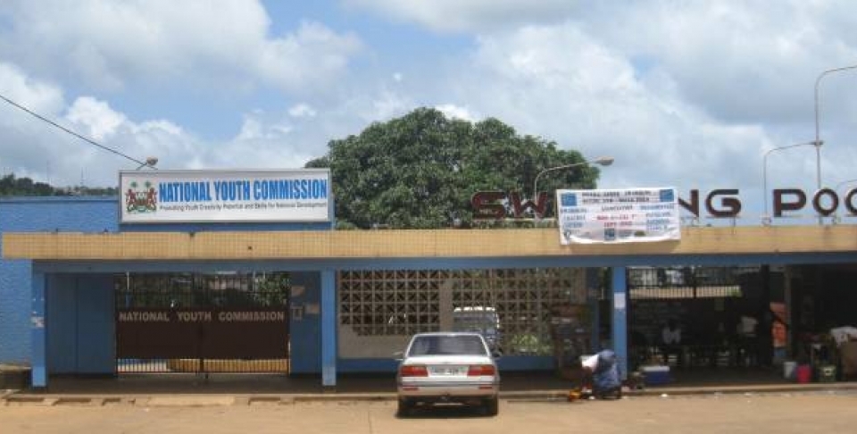 The National Youth Commission; the office was recently constructed inside an emptied outdoor pool at the National Stadium in Freetown (Michael Lawrence).