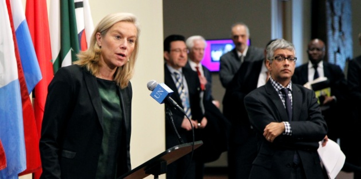 Sigrid Kaag, Special Coordinator of the OPCW-UN Joint Mission to eliminate Syria’s chemical weapons programme, speaks to the press following her briefing to the Security Council in closed-door consultations, November 5, 2013. (UN Photo/Paulo Filgueiras)