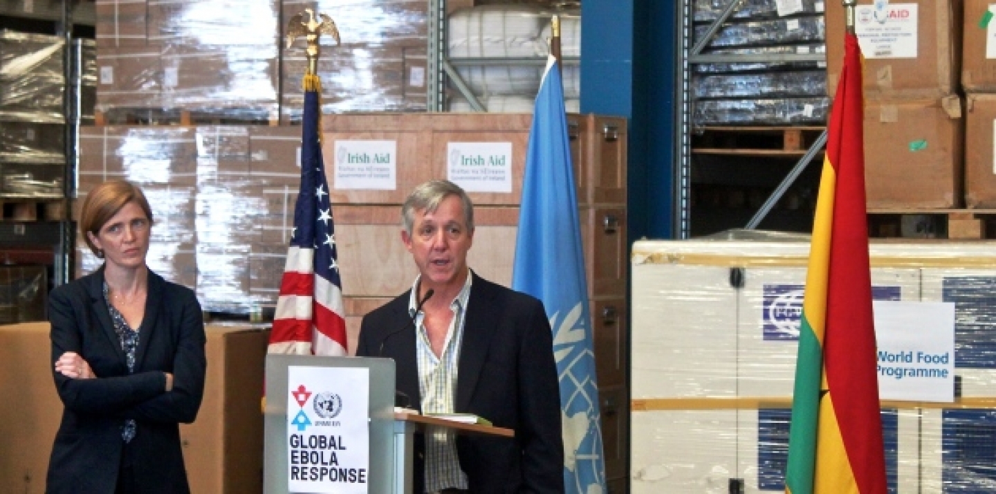 Anthony Banbury, Special Representative of the Secretary-General and Head of the UN Mission for Ebola Emergency Response (UNMEER), jointly addresses a press conference in Accra with Samantha Power, Permanent Representative of the United States to the UN, on the global response to the outbreak of Ebola in West Africa, October 29, 2014. (UN Photo/Aaron J. Buckley)