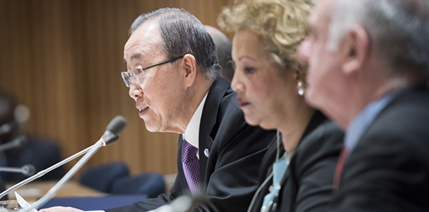Secretary General Ban Ki-moon briefs member states, in February 2016, on the high-level signing ceremony for the Paris Agreement (COP21) taking place on April 22, 2016. (UN Photo/Mark Garten)