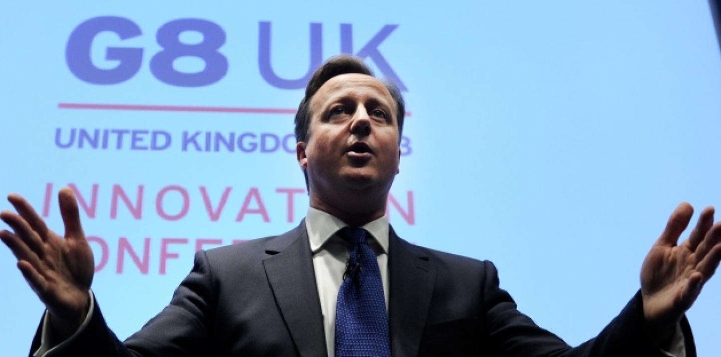 Britain's Prime Minister David Cameron speaks at the G8 UK Innovation Conference at the Siemens Crystal Building in London, Friday June 14, 2013. (AP Photo/Facundo Arrizabalaga, Pool)