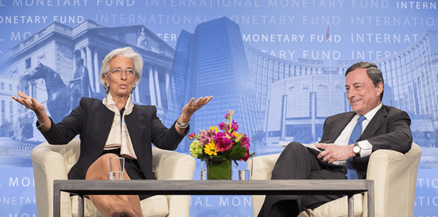 International Monetary Fund Managing Director Christine Lagarde (L) and the President of the European Central Bank Mario Draghi (R). IMF Staff Photo/Stephen Jaffe