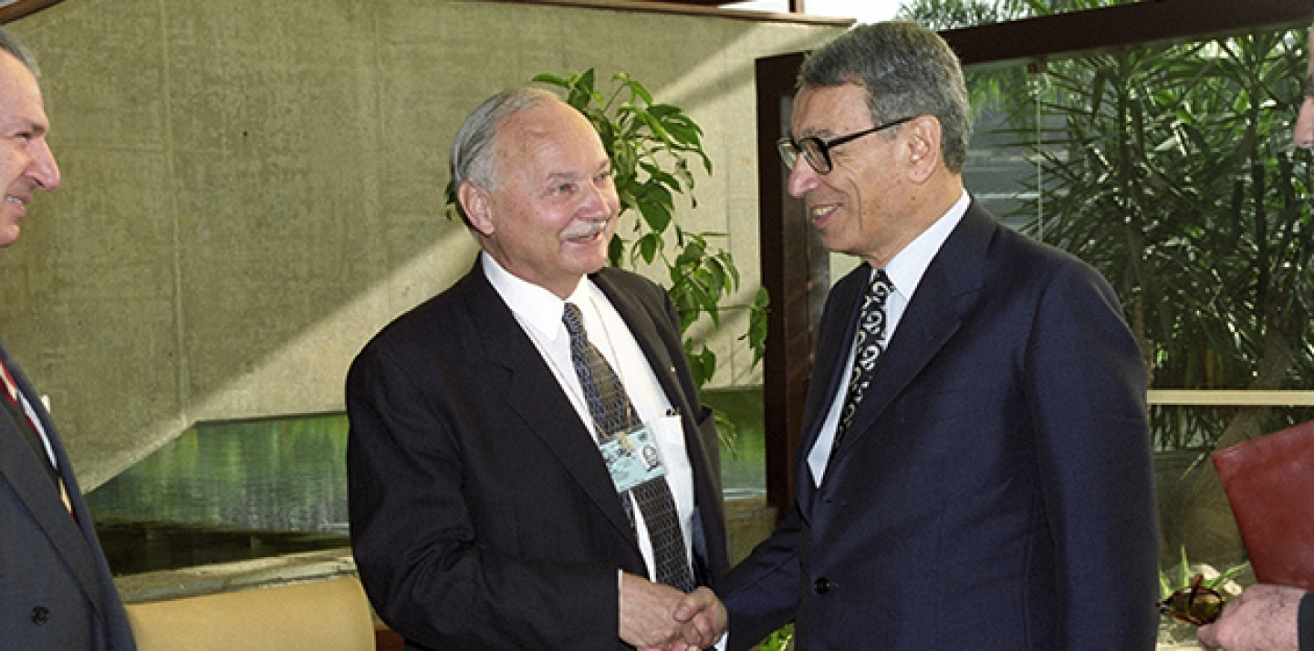 UN Secretary-General Boutros Boutros-Ghali is greeted by Maurice Strong, Secretary-General of the United Nations Conference on Environment and Development (UNCED), upon his arrival at Rio Centro for the first day of the Conference, on June 3, 1992 in Rio de Janeiro, Brazil. (UN Photo/Michos Tzovaras)