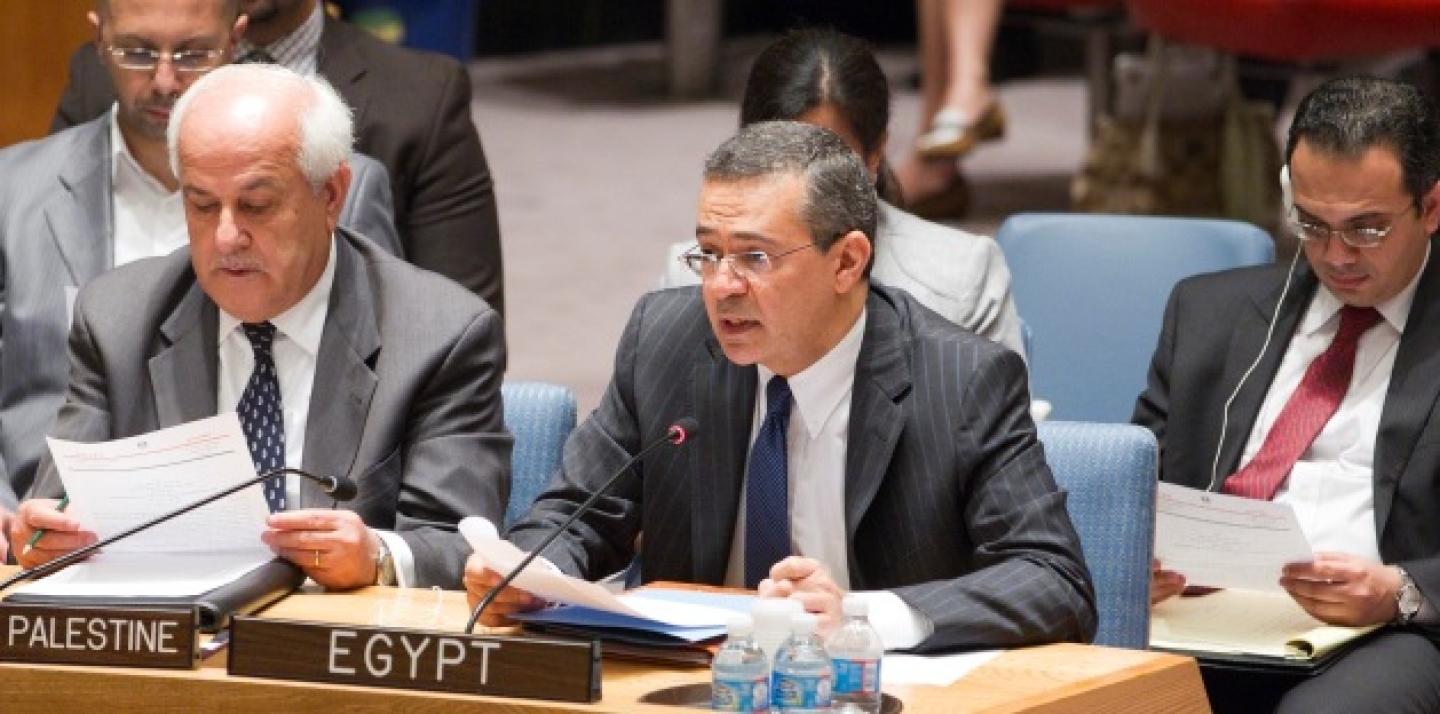 On July 23, 2013, Mootaz Ahmadein Khalil, Permanent Representative of the Arab Republic of Egypt to the UN, addresses the Security Council meeting on the situation in the Middle East. (UN Photo/Rick Bajornas)