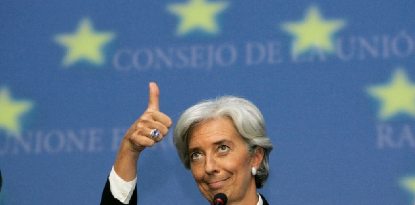 IMF Managing Director Christine Lagarde shows thumbs up during a meeting of finance ministers in Luxembourg (AP Photo/Yves Logghe).
