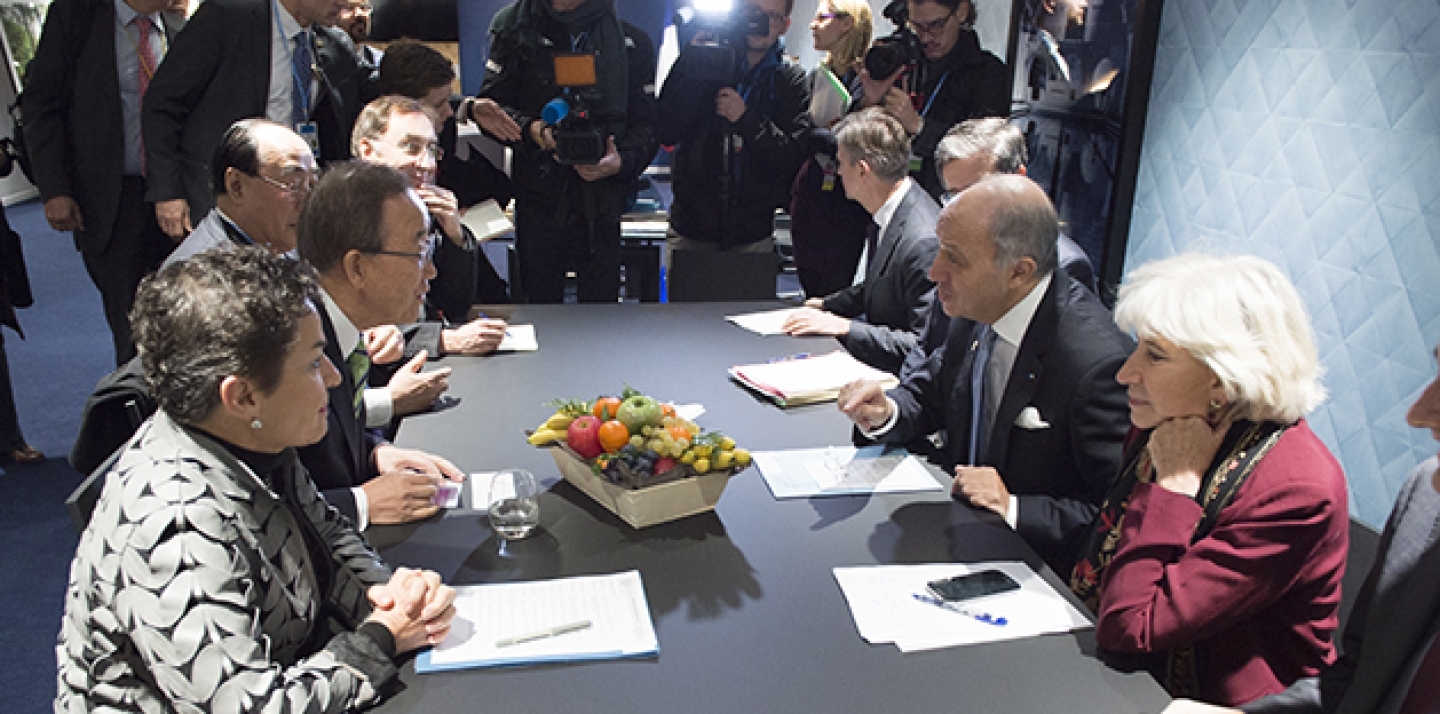 UN Secretary-General Ban Ki-moon meets with Laurent Fabius, President of the UN Climate Change Conference (COP21) and Minister of Foreign Affairs of France, on December 5, 2015. (UN Photo/Eskinder Debebe)