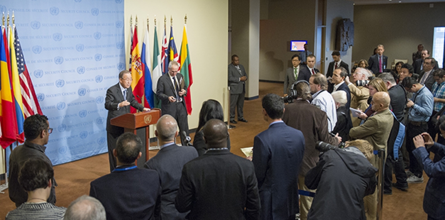 UN Secretary-General ban Ki-moon speaks to journalists, on December 14, on the Paris Agreement adopted on December 12, by the UN Climate Change Conference (COP21). (UN Photo/Rick Bajornas)