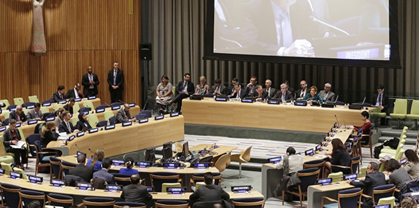 On Dec. 15 in New York, UN Secretary-General Ban Ki-moon briefed Member States on the historic Paris Agreement adopted on 12 December by the 2015 UN Climate Change Conference (COP21) hosted by France. (UN Photo/Evan Schneider)