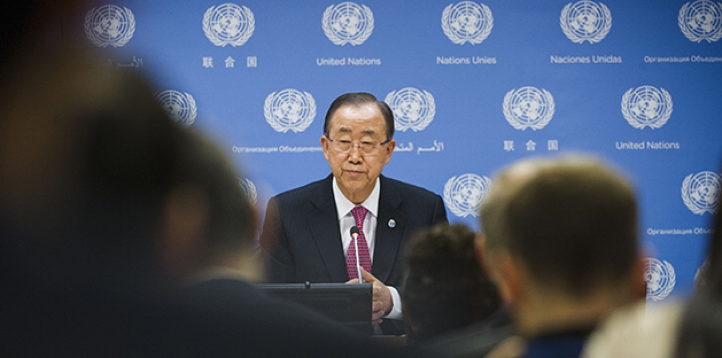 UN Secretary-General Ban Ki-moon addresses journalists, on Dec. 16 in New York, at his end-of-year press conference. The issues he touched on included the recently adopted Paris Agreement on climate change. (UN Photo/Amanda Voisard)