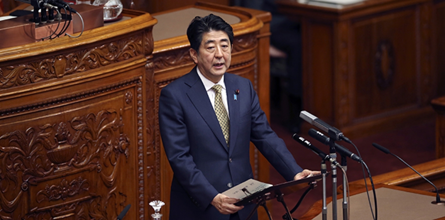 Japanese Prime Minister Shinzo Abe speaks during discussion about new law of Japan’s military role at the Upper House plenary session in Tokyo, Monday, July 27, 2015. (AP Photo/Koji Sasahara)
