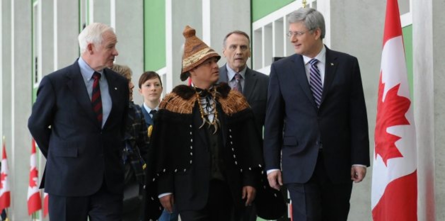 Prime Minister Stephen Harper arrives to the Crown First Nations Gathering with Shawn A-in-chut Atleo, National Chief of the Assembly of First Nations (AP Photo/The Canadian Press, Sean Kilpatrick).