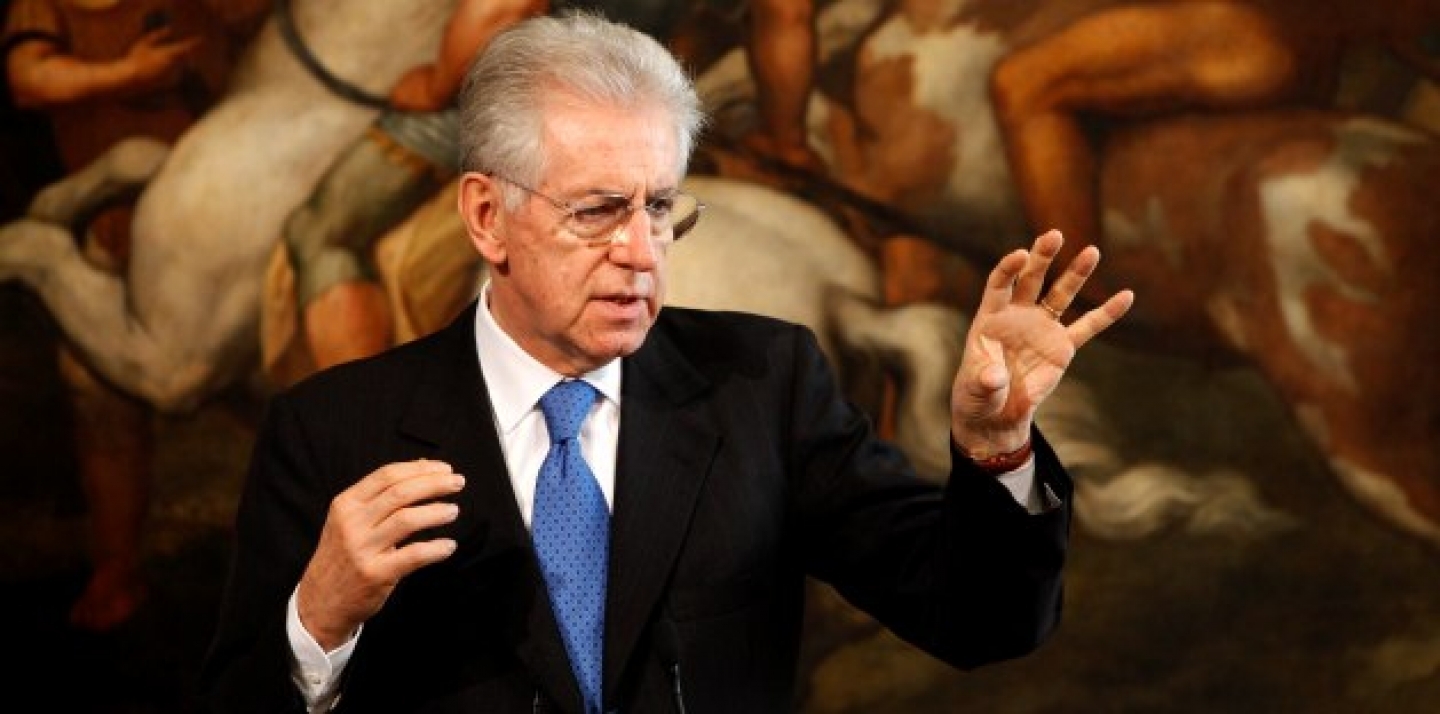 Italian Premier Mario Monti speaks during a joint press conference with Spanish Prime Minister Mariano Rajoy, not seen, at the end of their meeting at Chigi Palace in Rome, Thursday, Feb. 23, 2012. (AP Photo/Riccardo De Luca)