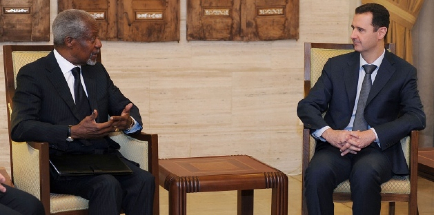 In this photo released by the Syrian official news agency SANA, Syrian President Bashar Assad, right, meets with Kofi Annan, the United Nations special envoy to Syria, in Damascus, Syria, on Saturday March 10, 2012 (AP Photo/SANA).