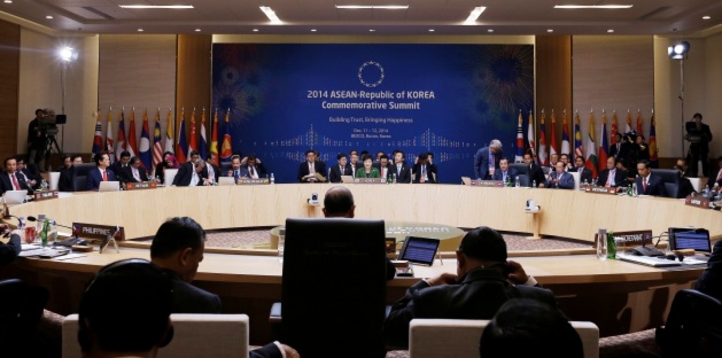 South Korean President Park Geun-hye, rear center, delivers her statement during the formal session of the ASEAN-Republic of Korea Commemorative Summit in Busan, South Korea, Friday, Dec. 12, 2014. (AP Photo/Ahn Young-joon. Pool)