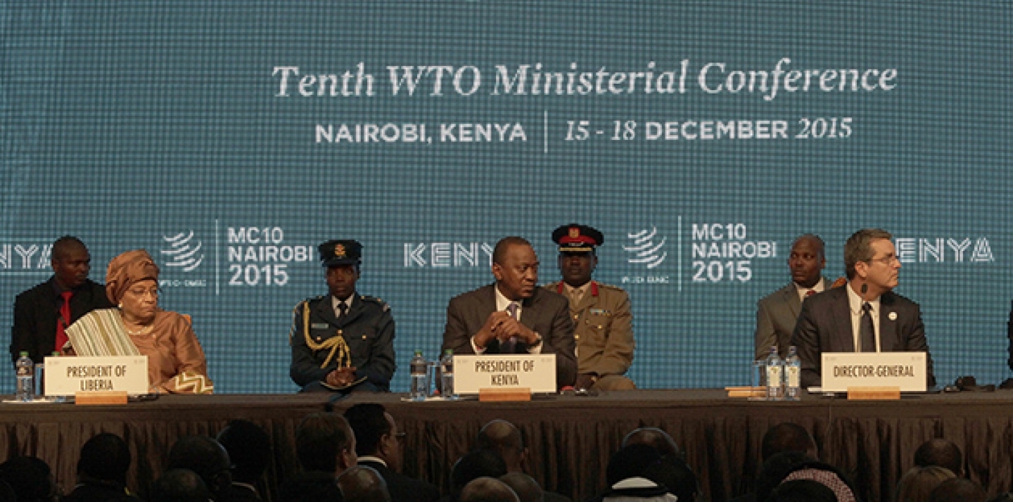 Director General of the World Trade Organisation, Roberto Carvalho, right, the Liberian President, Johnson Sirleaf, left, and Kenyan President, Uhuru Kenyatta, centre, during the official opening of the Tenth WTO Ministerial Conference in Nairobi, Kenya, Tuesday, Dec. 15, 2015. (AP Photo/Sayyid Azim)
