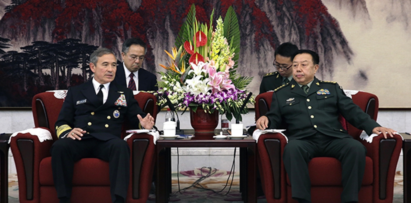Adm. Harry B. Harris, Jr., U.S. Navy Commander, U.S. Pacific Command, left, speaks during a meeting with Fan Changlong, vice-chairman of China's Central Military Commission at the Bayi Building in Beijing, China, Tuesday, Nov. 3, 2015. (AP Image / Andy Wong, Pool)