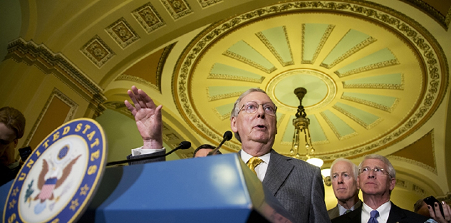 Senate Majority Leader Sen. Mitch McConnell of Ky. speaks to reporters on Capitol Hill in Washington. (AP Photo/Manuel Balce Ceneta)