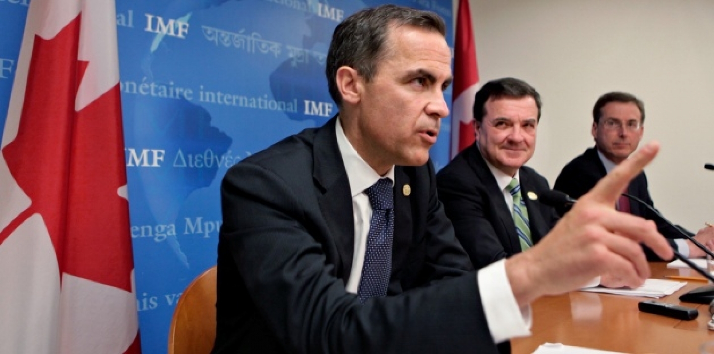 Bank of Canada Governor Mark Carney, left, and Canada's Finance Minister Jim Flaherty at the International Monetary Fund headquarters, 2009 (AP Photo/J. Scott Applewhite).