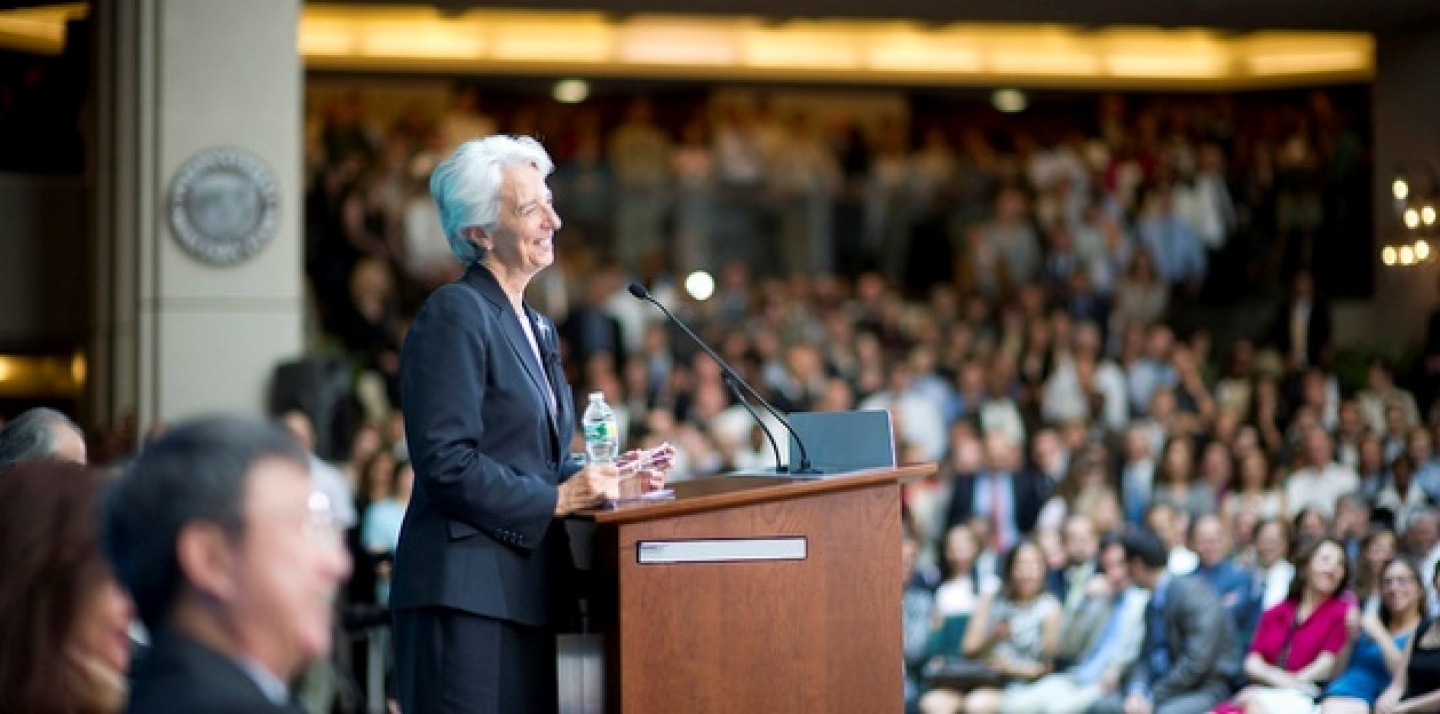 International Monetary Fund's Managing Director Christine Lagarde speaks to IMF staff at a townhall meeting. (IMF Staff Photographer/Thomas Dooley)