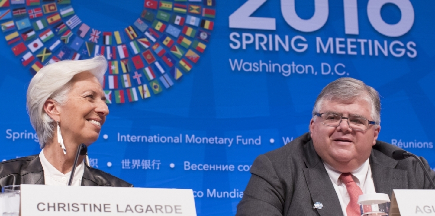 International Monetary Fund Managing Director Christine Lagarde (L) and IMFC Chairman Agustín Carstens (R) hold their joint press conference after the conclusion of the IMFC meeting at the IMF/World Bank Spring Meetings at the IMF Headquarters April 16, 2016 in Washington. (Photo: IMF/Stephen Jaffe)