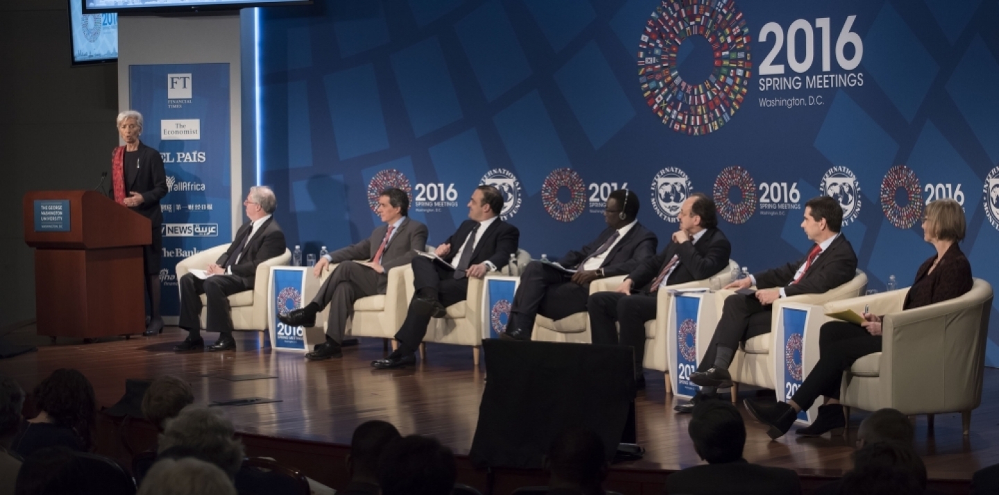 CIGI's Domenico Lombardi hosts the Seminar "Collect More and Spend Better: The Role of Capacity Development" during the 2016 IMF/World Bank Spring Meetings in Washington, D.C., with opening remarks provided by Managing Director Christine Lagarde. Panelists include Carla Grasso, Vitor Gaspar, Klaus Rudischhauser, Amadou Ba, Nancy Birdsall, and Alonso Segura. (Photo: Ryan Rayburn/IMF)
