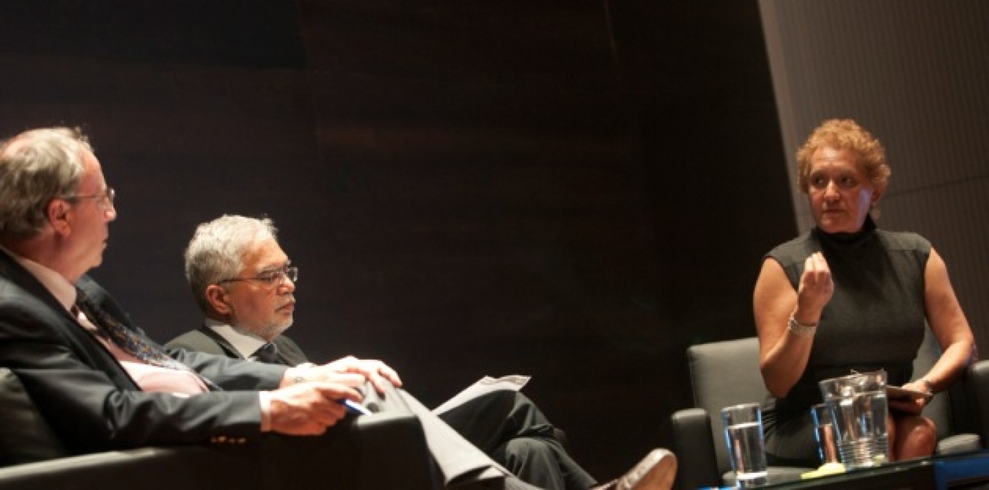 On stage at the CIGI Campus, Barry Carin, Mukesh Kapila and Diana Alarcón discuss international development beyond the 2015 Millennium Development Goals. (CIGI/Lisa Malleck)