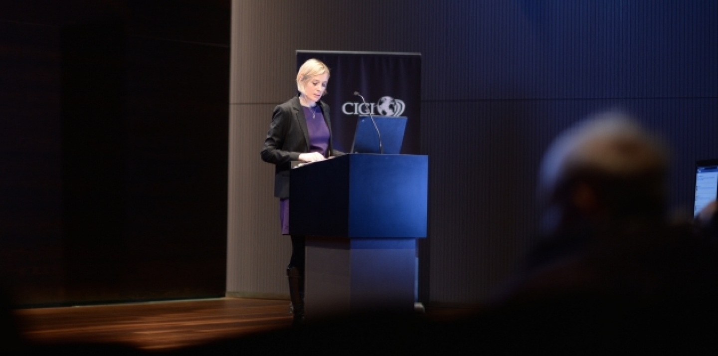 Natalie Day discusses the report, "Now for the Long Term" during her public lecture at CIGI (Som Tsoi/CIGI)