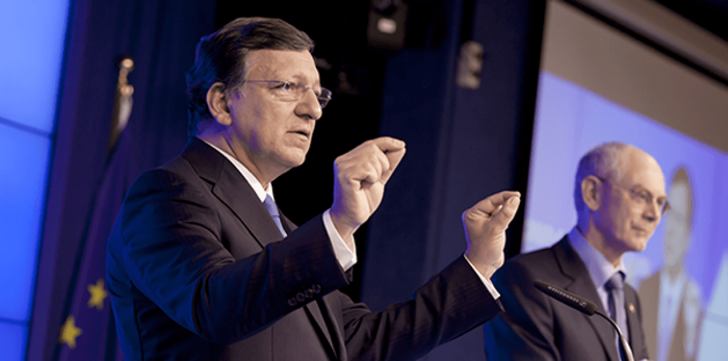 European Commission President Jose Manuel Barroso, left, and European Council President Herman Van Rompuy participate in a media conference after an EU summit in Brussels (AP Photo/Virginia Mayo).
