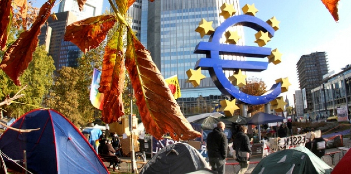 Tents are set up by the ' Occupy Frankfurt' movement in front of the European Central Bank in Frankfurt, Germany. (AP Photo/Michael Probst)