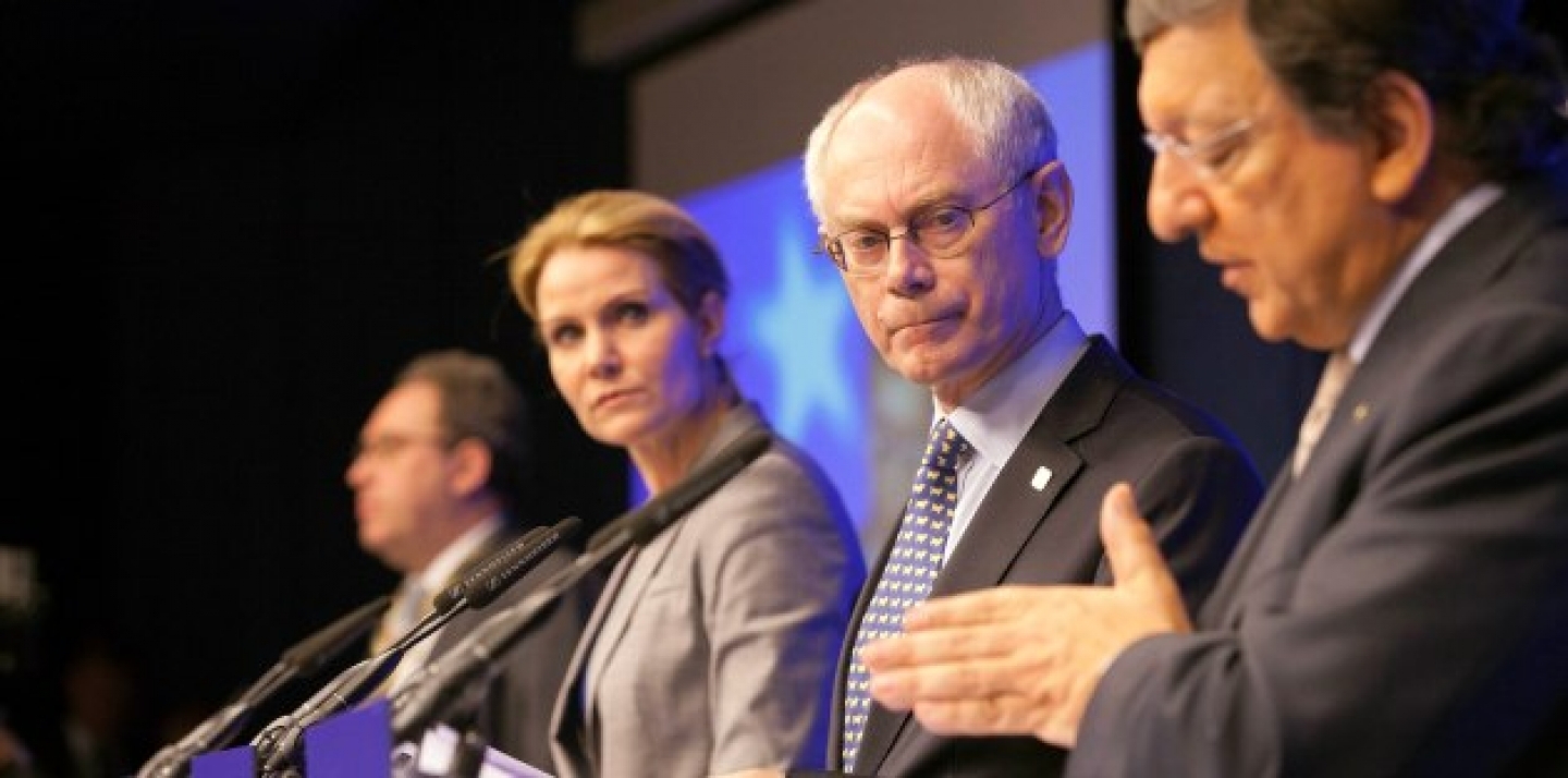From right, European Commission President Jose Manuel Barroso, European Council President Herman Van Rompuy and Denmark's Prime Minister Helle Thorning-Schmidt participate in a media conference at an EU Summit on June 29, 2012 (AP Photo/Virginia Mayo).