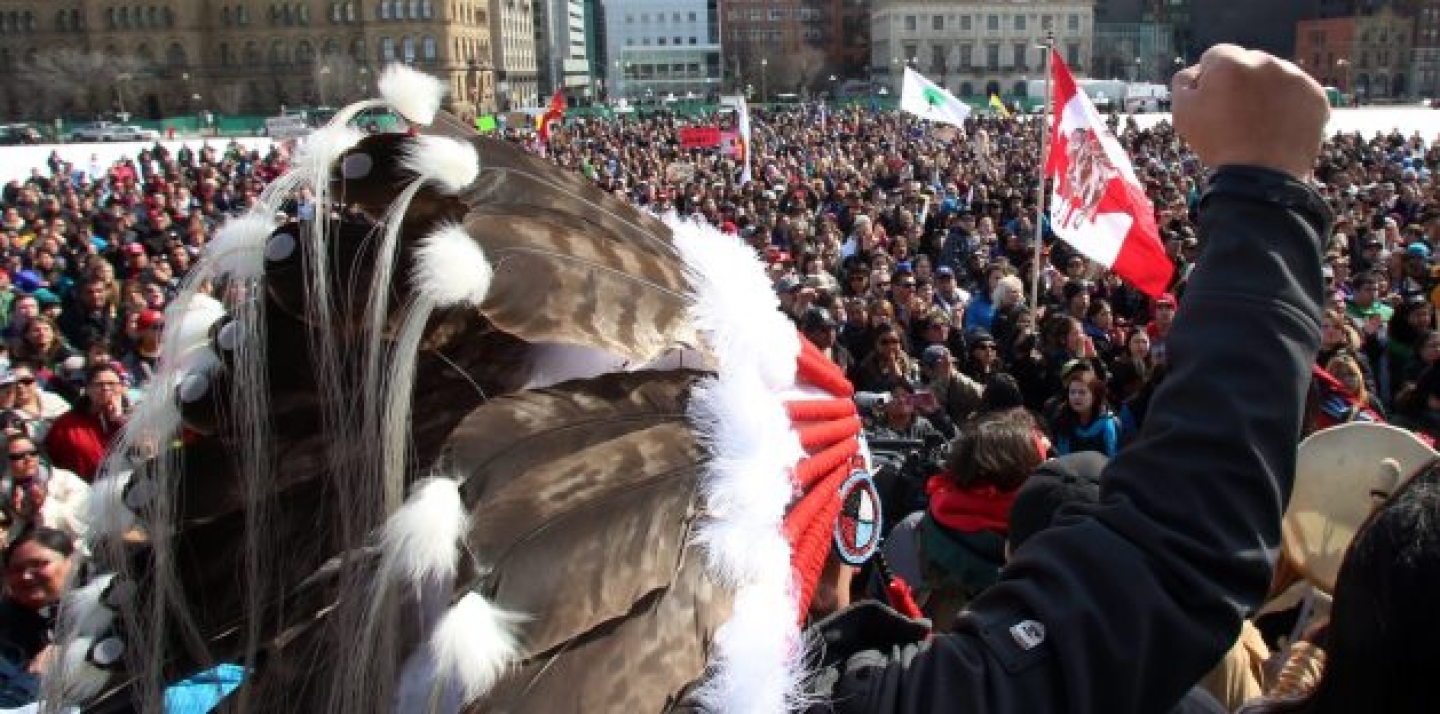 Hundreds of supporters gather on Parliament Hill, in support of a group of young aboriginal people who traveled 1,600 km on foot from the James Bay Cree community of Whapmagoostui, Quebec on Parliament Hill in Ottawa. (THE CANADIAN PRESS/ Fred Chartrand)