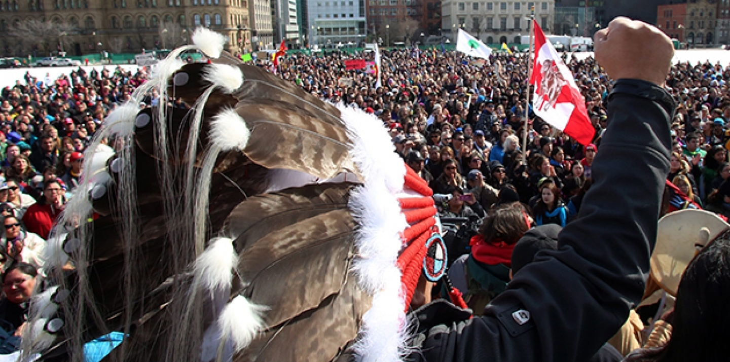 Hundreds of supporters gather on Parliament Hill, in support of a group of young aboriginal people who traveled 1,600 km on foot from the James Bay Cree community of Whapmagoostui. (Fred Chartrand / AP Images)