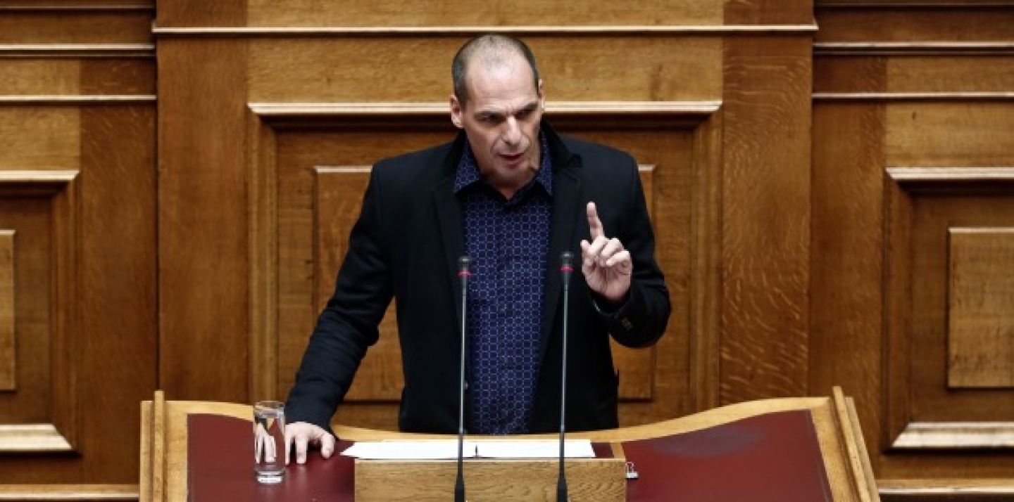 Finance Minister Yanis Varoufakis speaks during a Parliament session in Athens, Monday, Feb. 9, 2015. (AP Photo/Petros Giannakouris)