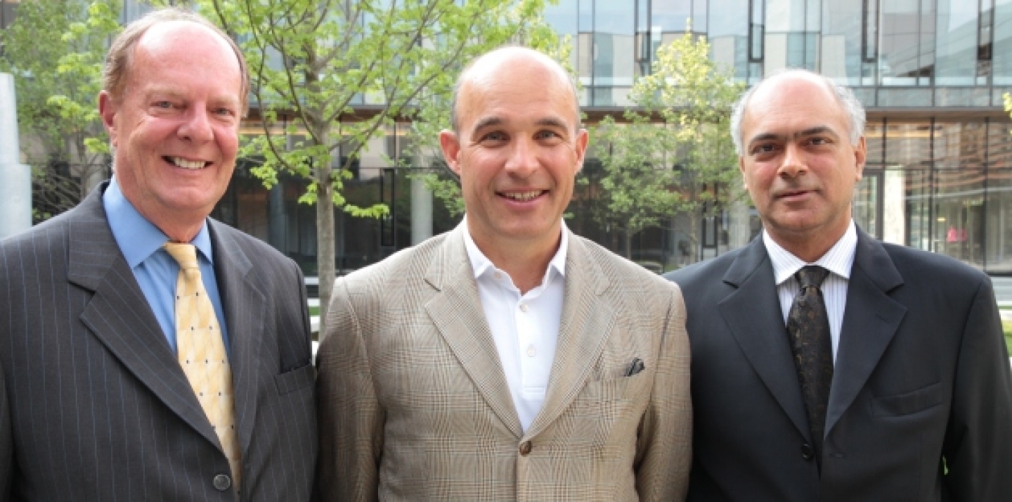 Outgoing CIGI Executive Director Thomas A. Bernes, Chair of the Board Jim Balsillie and incoming President Rohinton Medhora (Kris Young, CIGI Photo)