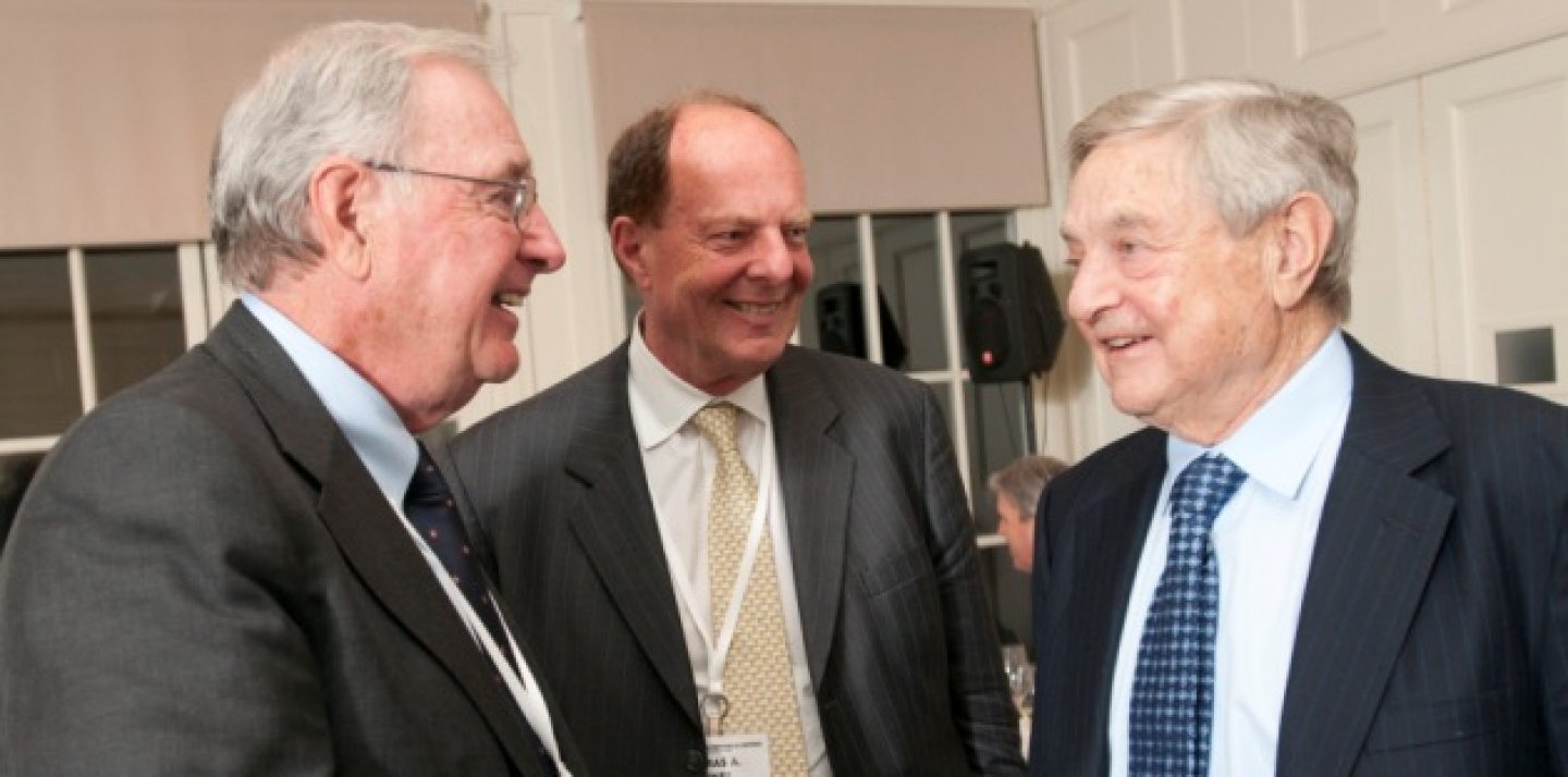 From left: Former Canadian Prime Minister Paul Martin, CIGI Executive Director Tom Bernes and INET Founder George Soros at the Sovereign Debtors in Distress Conference (Lisa Malleck/CIGI Photo).