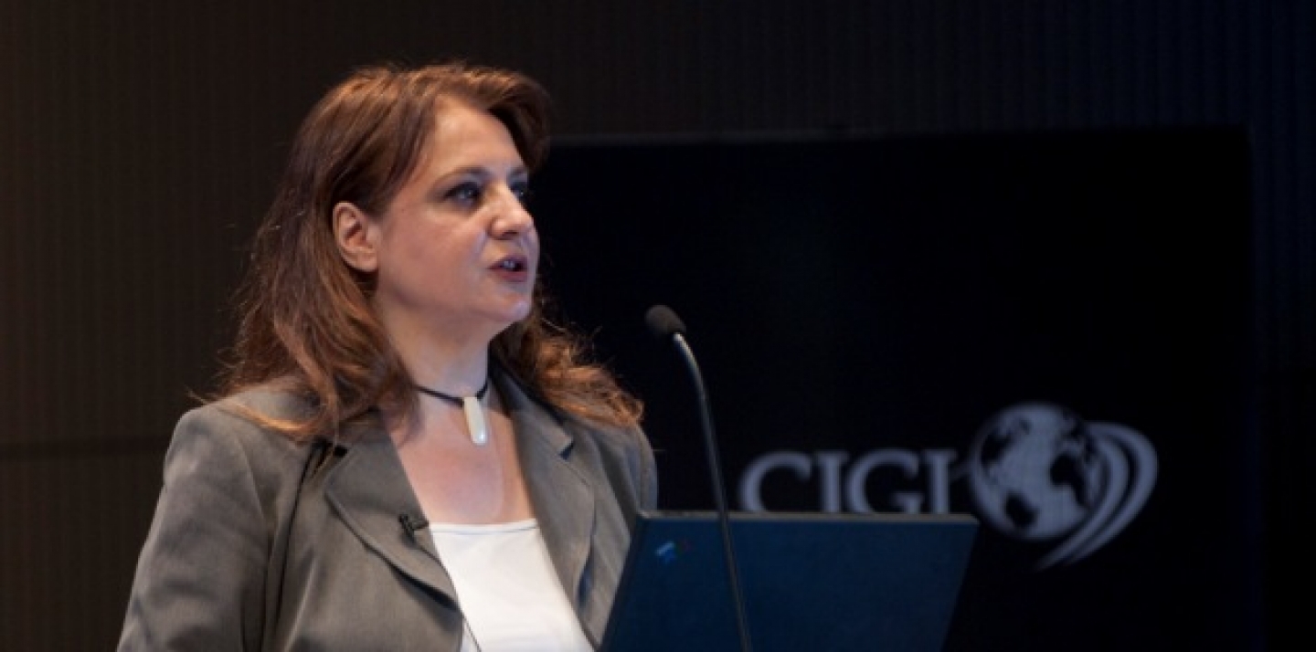 Dr. Isabel Ortiz of the Initiative for Policy Dialogue makes a point during her CIGI Signature Lecture, titled The Inequality Gap: A Social Protection Floor for an Inclusive Crisis Recovery (Lisa Malleck/CIGI).