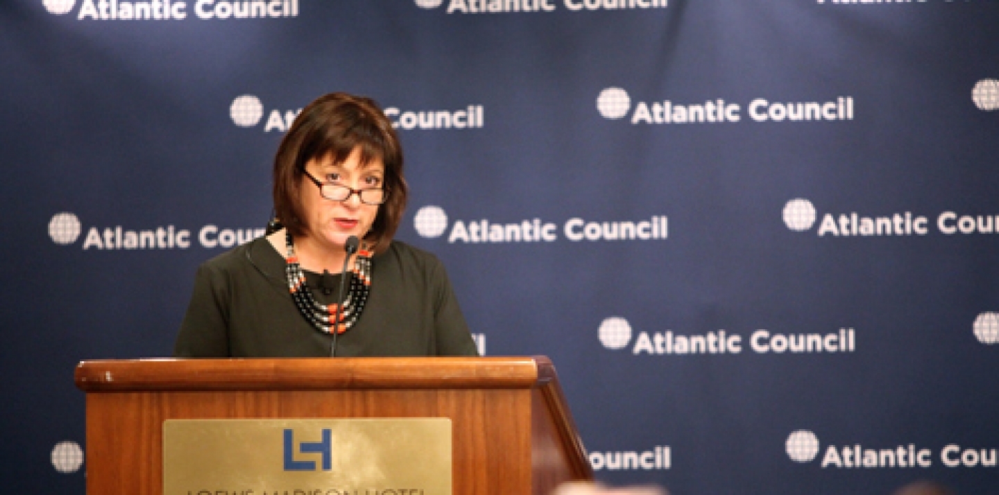 Outgoing Ukrainian Finance Minister Natalie Jaresko speaks on April 14 at an event hosted by the Atlantic Council and the Centre for International Governance Innovation in Washington. (Photo: Atlantic Council/Victoria Langton)