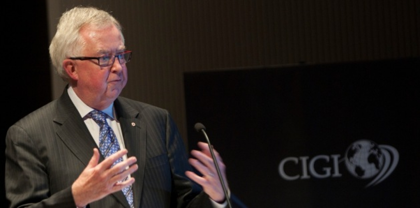 The Right Honourable Joe Clark, Canada's 16th Prime Minister, speaks at the CIGI Auditorium. (CIGI/Lisa Malleck)