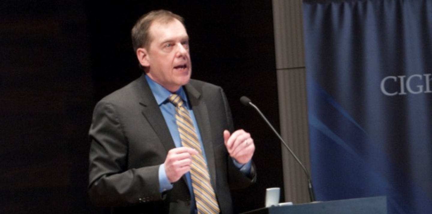 CIGI Senior Fellow John Ibbitson makes a point during his public lecture at CIGI. (Lisa Malleck/CIGI)