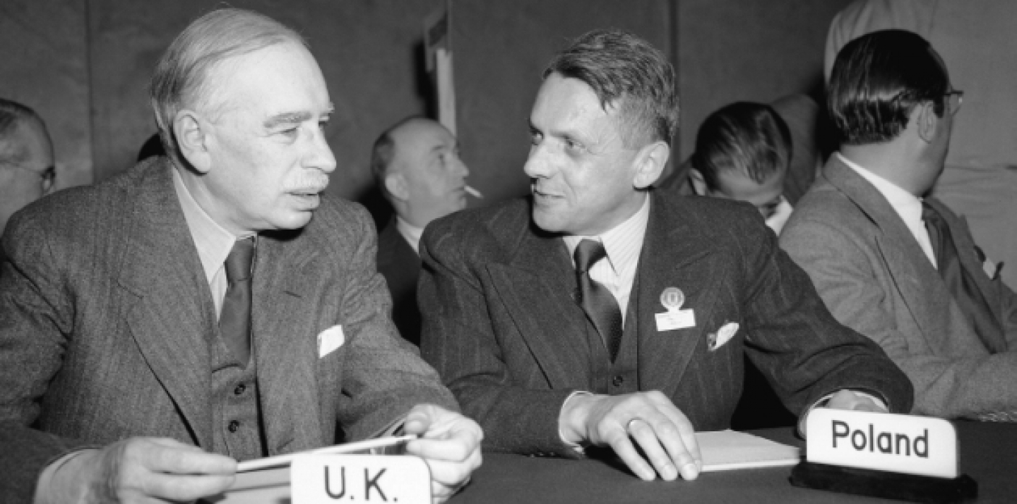 Lord John Maynard Keynes, head of British delegation to Savannah Monetary conference, left, and Edward Drozniak, governor of the National Bank of Poland, at session of I.M.C. in Savannah, Georgia on Nov. 3, 1946. (AP Photo/JR)