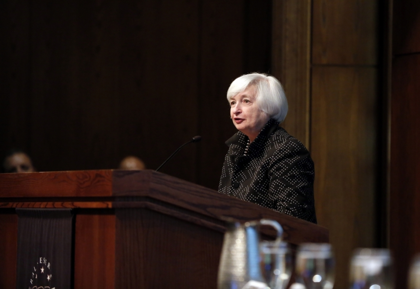 Federal Reserve Chair Janet Yellen speaks to a conference of bankers and financial leaders at the Federal Reserve Bank of St. Louis Wednesday, Sept. 30, 2015, in St. Louis. (AP Photo/Jeff Roberson)
