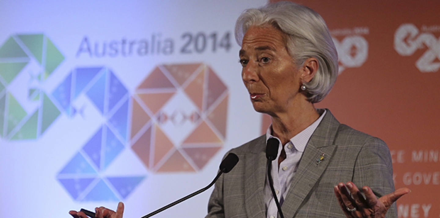 Christine Lagarde gestures as she delivers a closing statement during a press conference at the G-20 Finance Ministers and Central Bank Governors meeting in Sydney, Australia. (AP Photo/Rob Griffith)