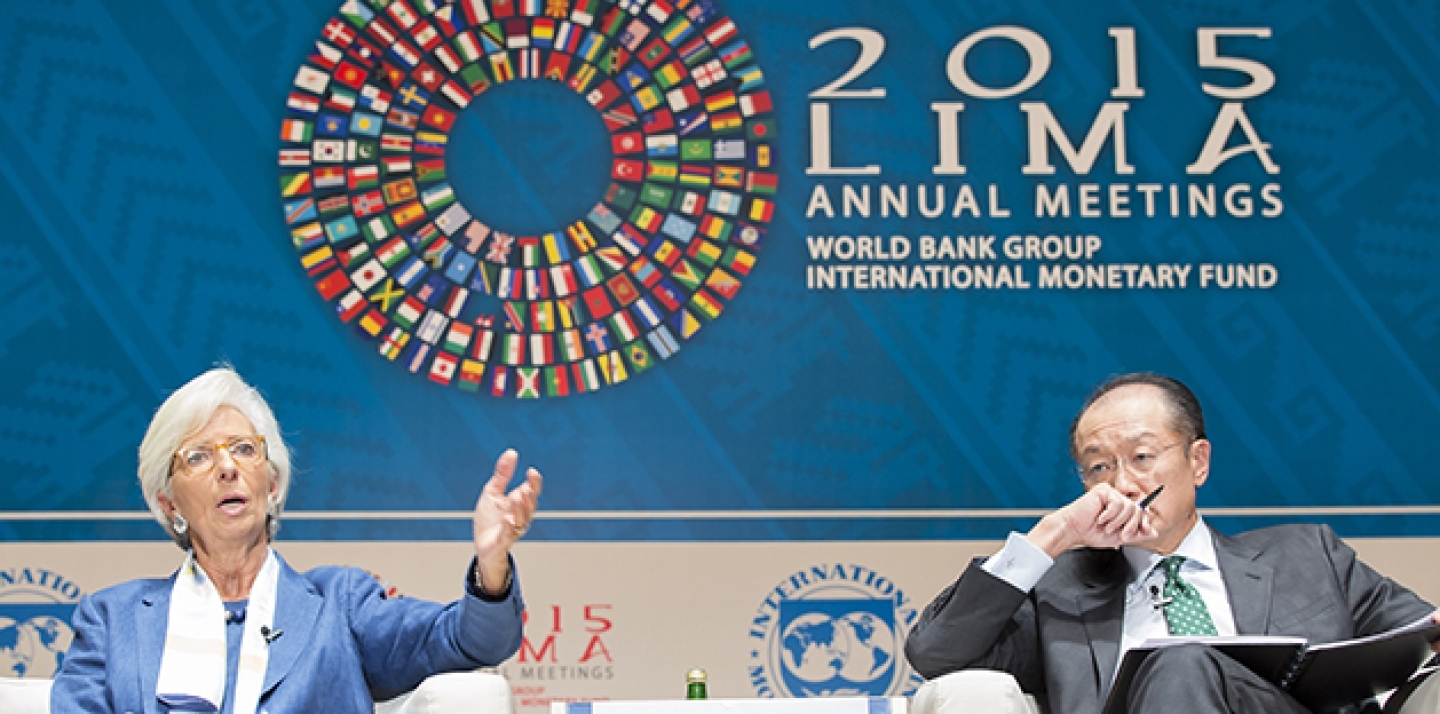 International Monetary Fund Managing Director Christine Lagarde and World Bank President Jim Yong Kim participate in a CNN panel discussion on Climate Change at the National Theater October 7, 2015 in Lima, Peru. IMF Staff Photo/Stephen Jaffe