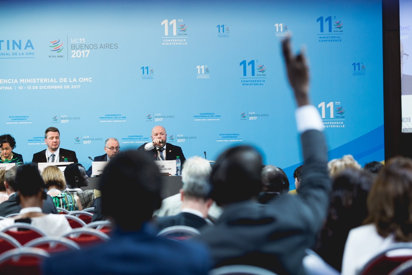 Panelists answer questions at a press conference on women and trade during the eleventh WTO ministerial conference. (WTO/ Cuika Foto)