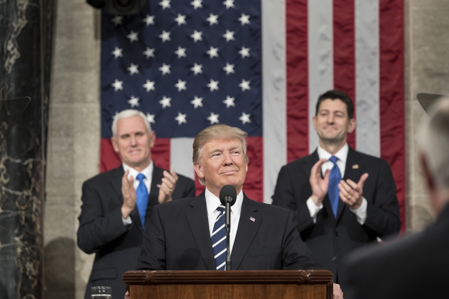 President Donald Trump addresses Congress, flanked by Vice President Mike Pence and Speaker of the House Paul Ryan, in February 2017. (White House Photo/Shealah Craighead)