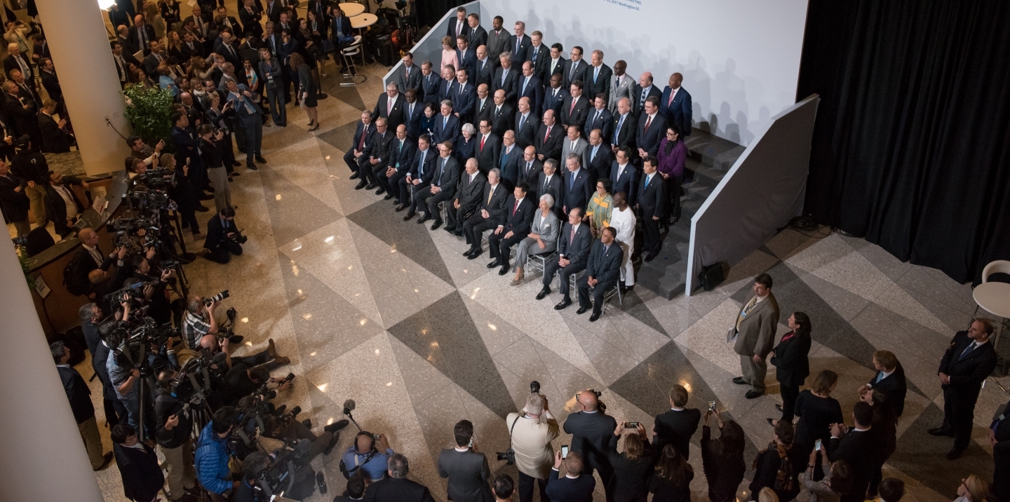 G20 Finance Ministers and Central Bank Governors pose for a formal family photo during the 2017 IMF/World Bank Annual Meetings. (IMF Photo/Ryan Rayburn)