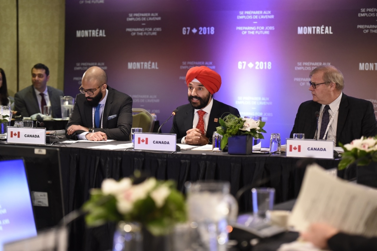 Navdeep Bains, Canada's Minister of Innovation, Science and Economic Development, speaks at a Group of Seven ministers' meeting on employment and innovation. (Global Affairs Canada)
